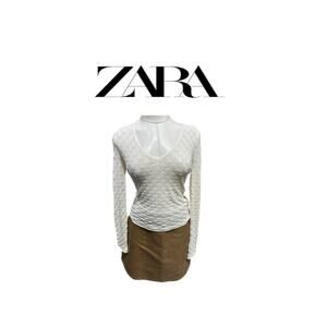 Zara White v neck knit crochet long sleeve top